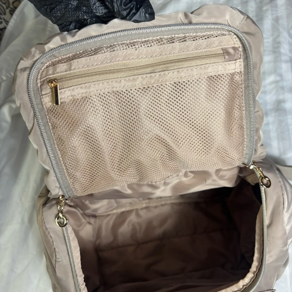 Mommore tan basket weave nylon diaper bag backpack gold hardware